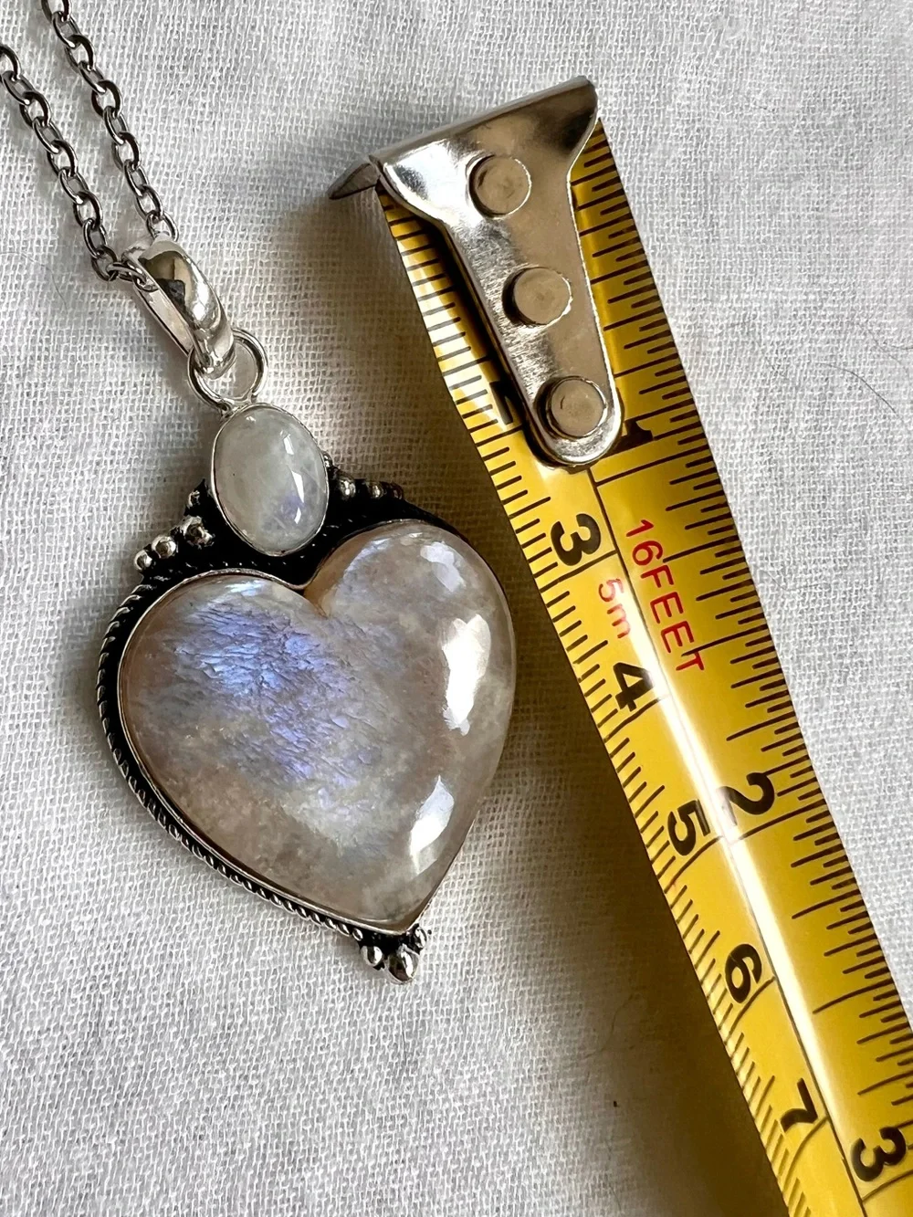 925 WHOA! AMAZING! Peach Moonstone w/ Blue Flash! Heart ❤️ Pendant Necklace